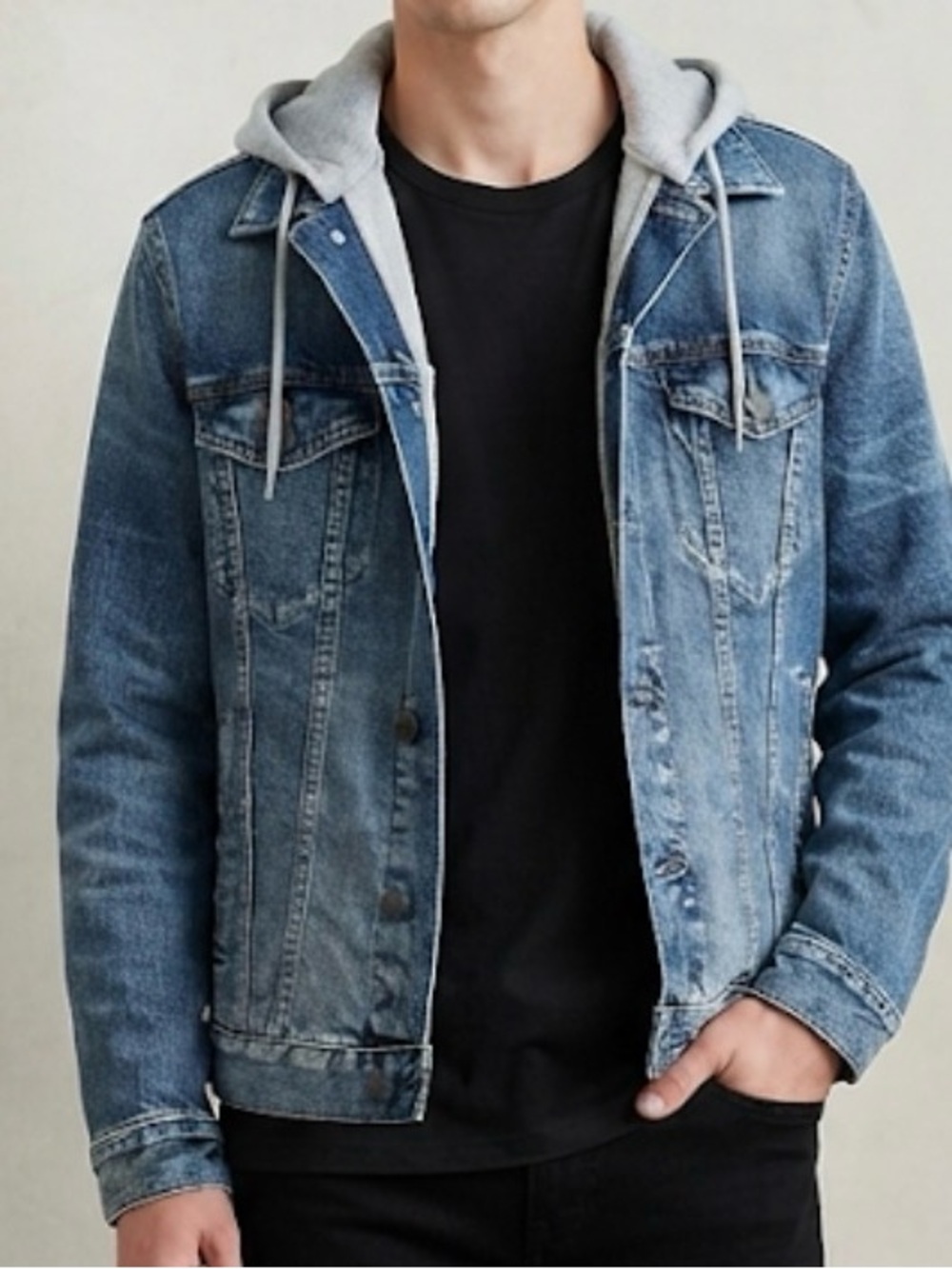 American Eagle Blue Denim Jacket with Gray Hooded Liner Trucker 90s Medium NWOT
